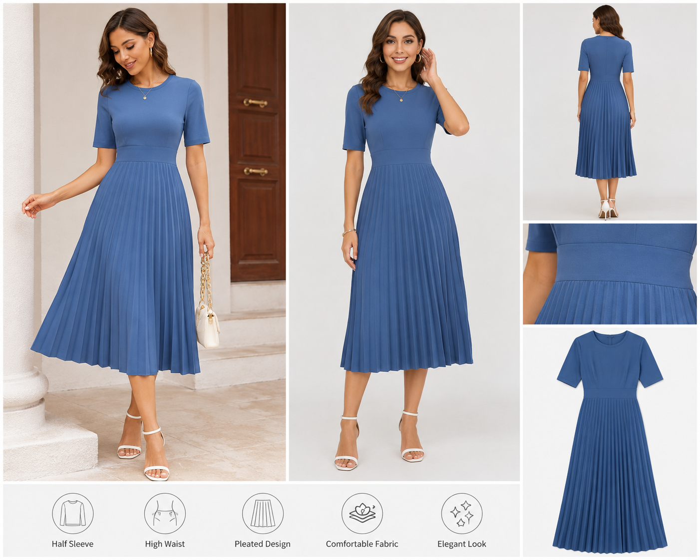Blue Half Sleeve Tight High Waist Pleated Dress