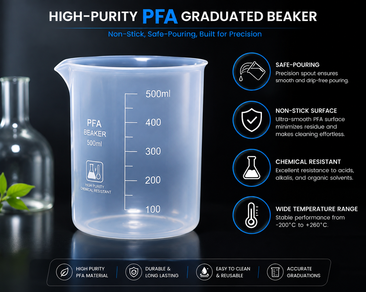 Hight-Purity PFA Graduated Beaker: Non-Stick,Safe-Pouring